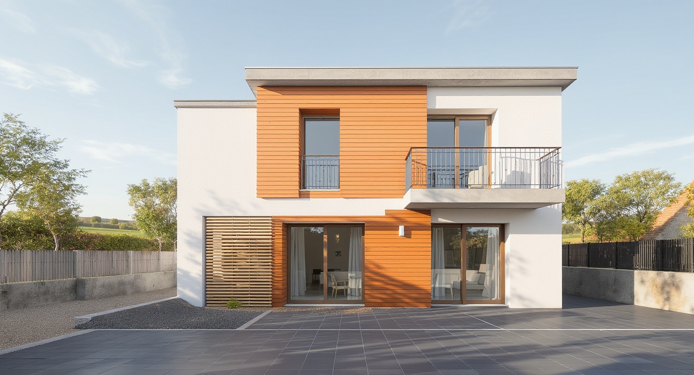 AI photorealistic render: Modern two-storey house — terracotta & plaster facade