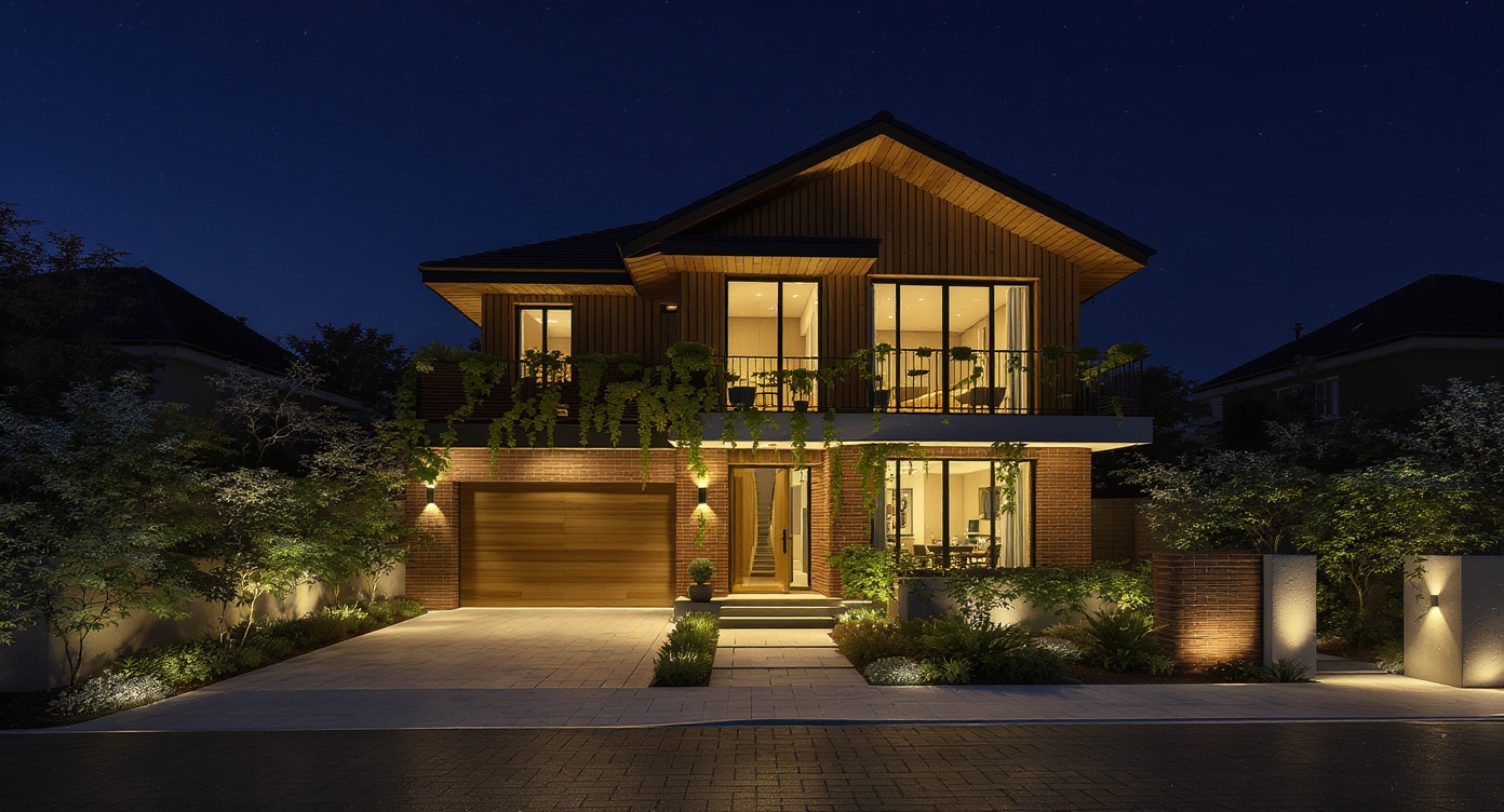 Modern Gabled Brick & Wood Night Render