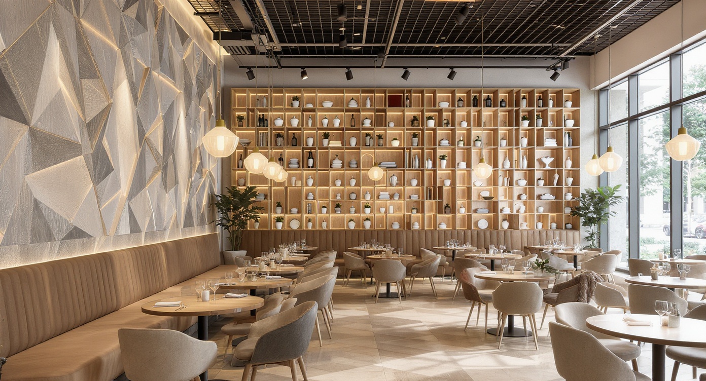 AI photorealistic render: Modern casual restaurant interior — geometric shelving