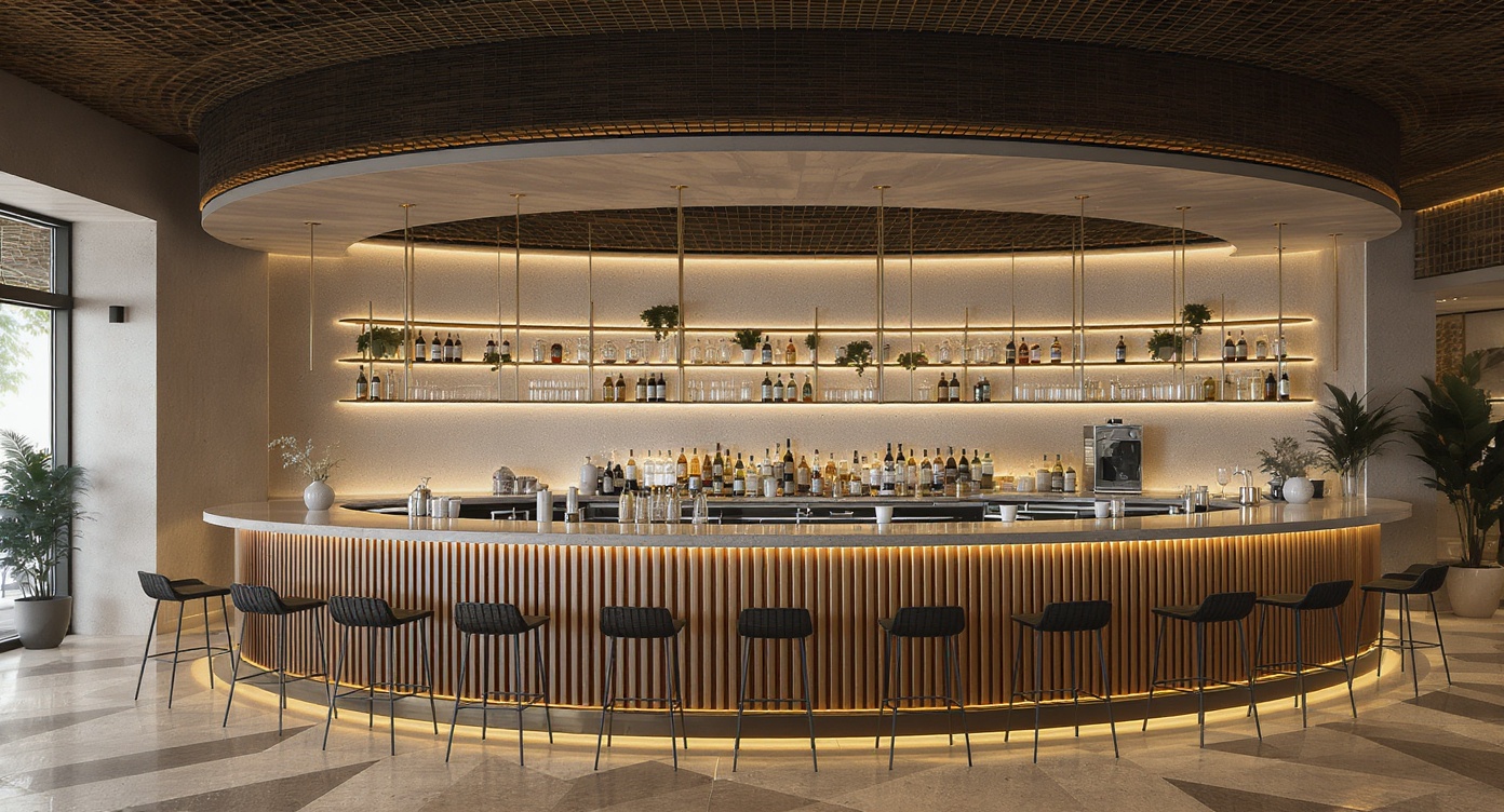 AI photorealistic render: Curved sculptural bar — warm contemporary interior