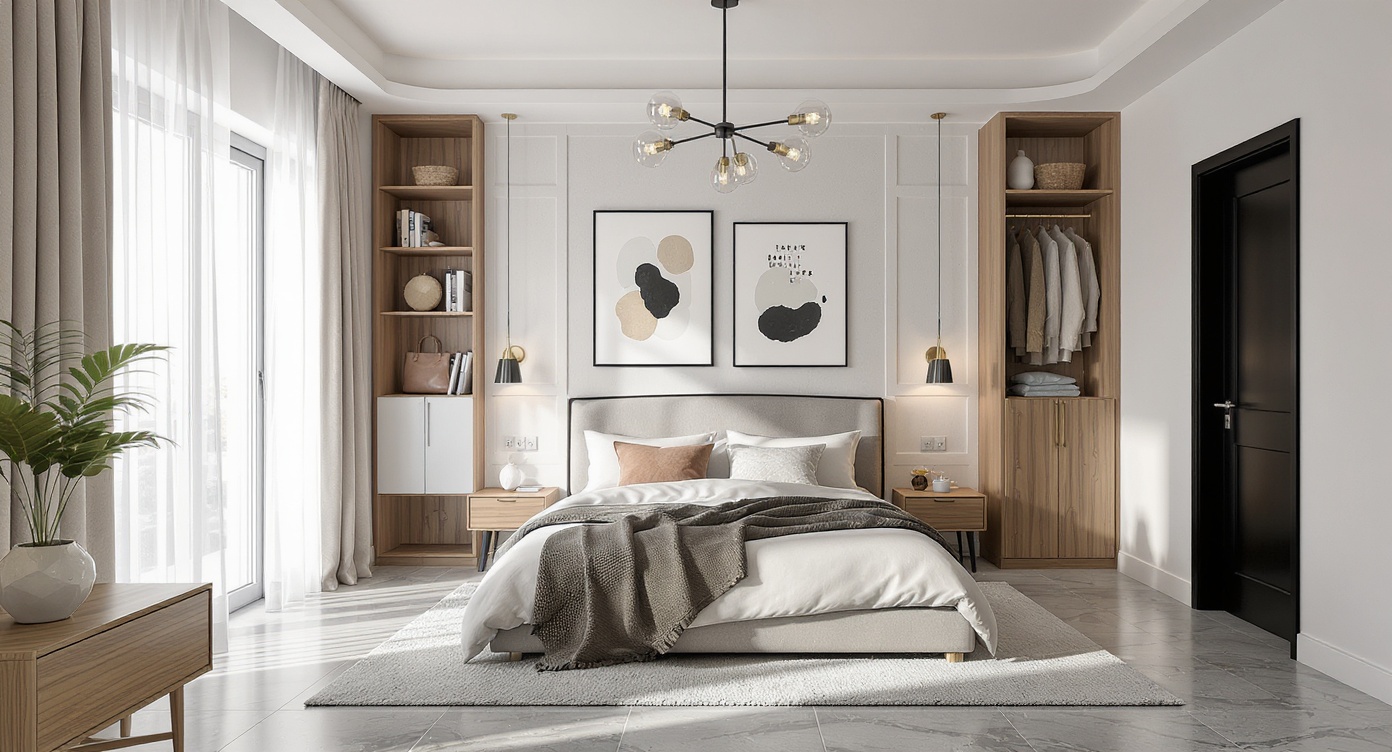 AI photorealistic render: Modern mid-century bedroom render