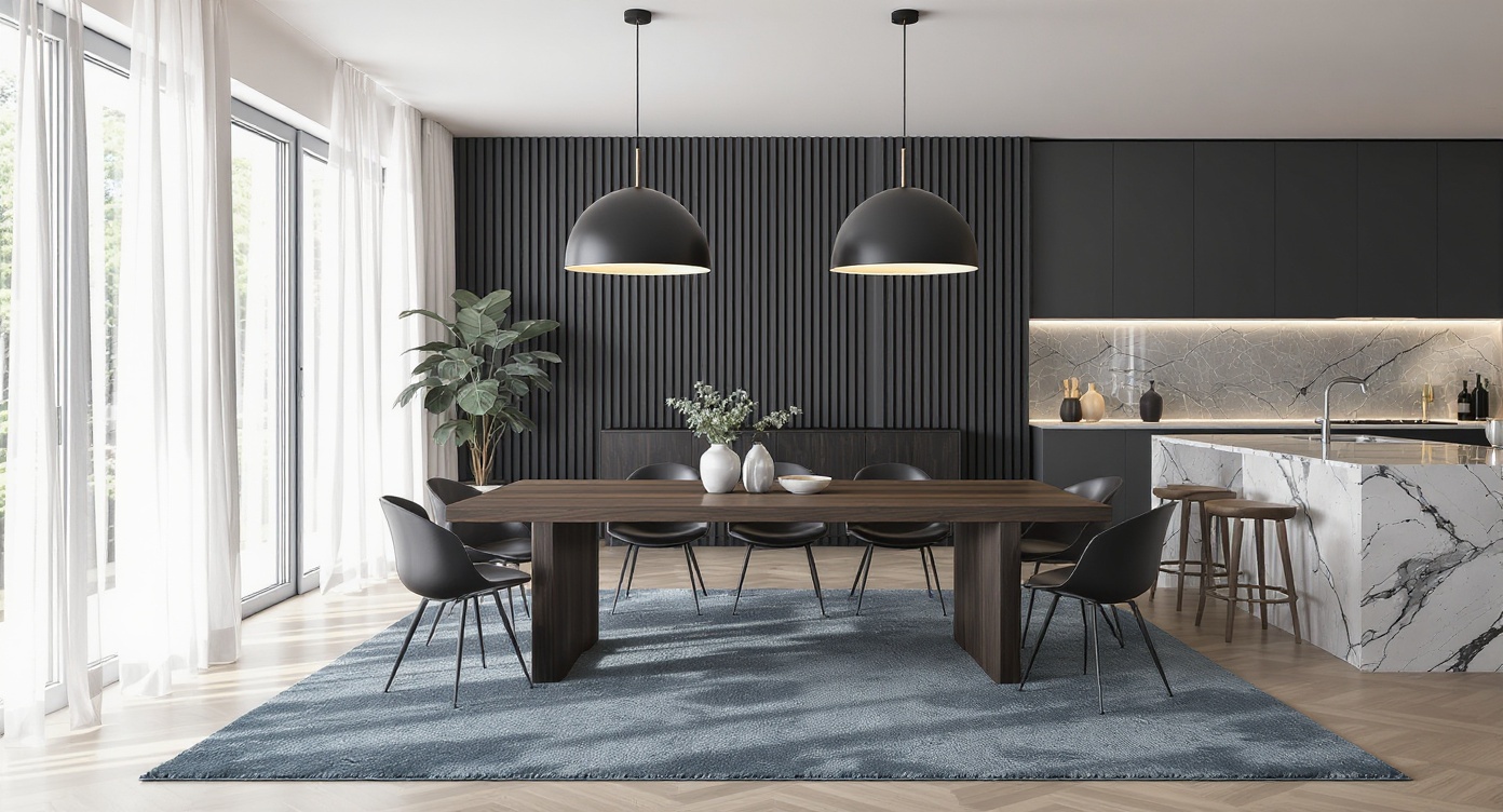 AI photorealistic render: Modern dining room with marble island — photoreal interior