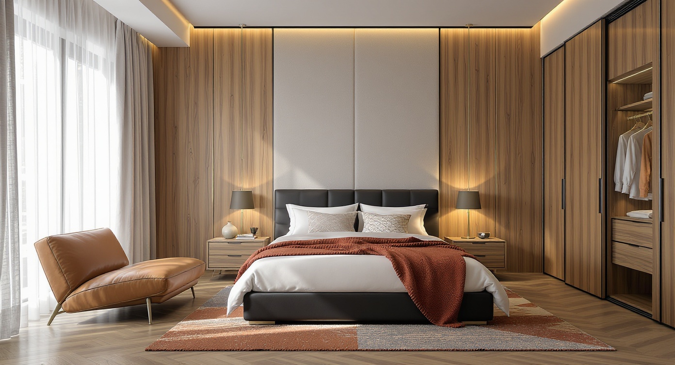 AI photorealistic render: Modern wood-panel bedroom — photoreal render