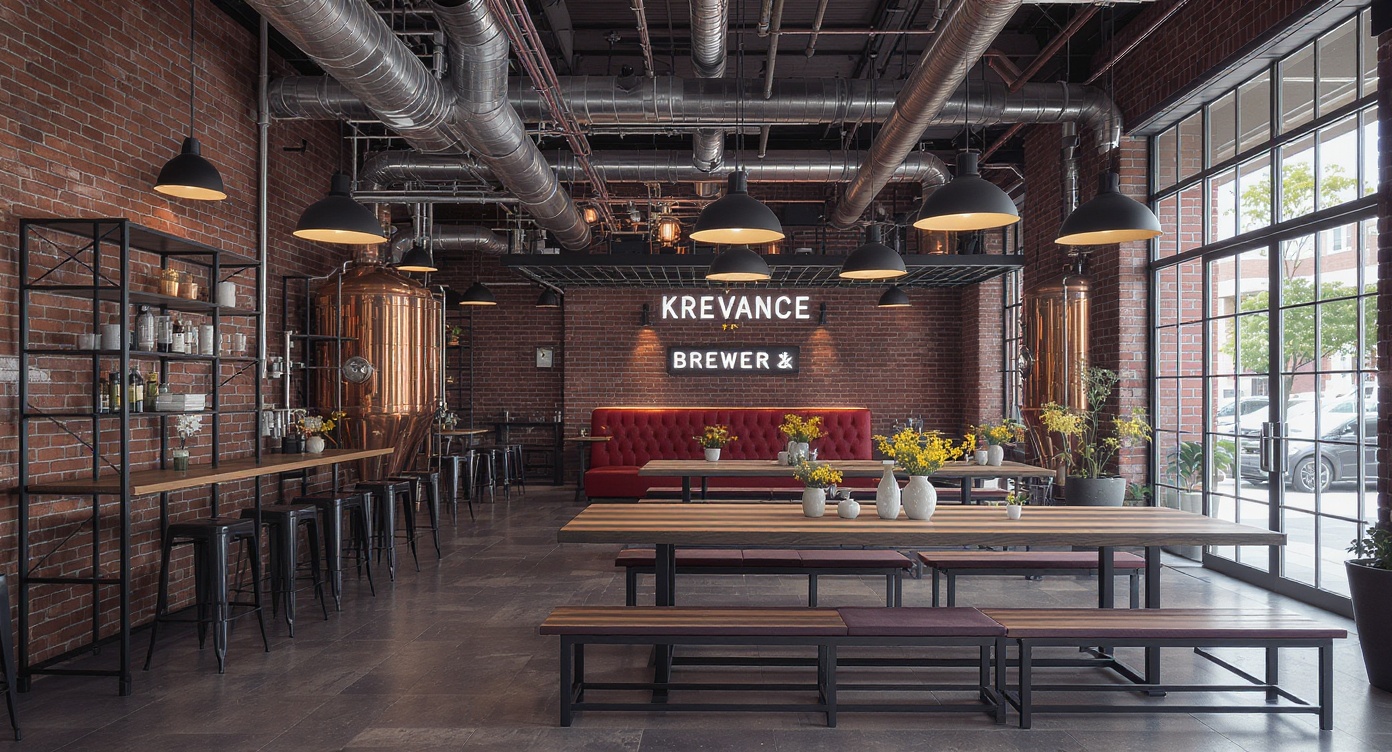 AI photorealistic render: Industrial brewery taproom render