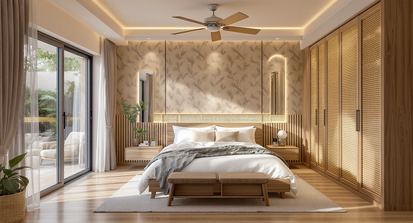 AI photorealistic render: Contemporary rattan-accented bedroom