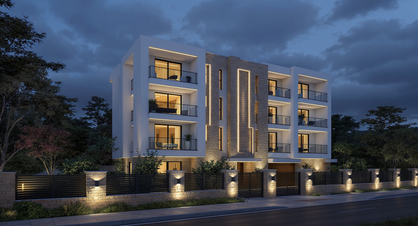 AI photorealistic render: Modern multi-story residential — night render