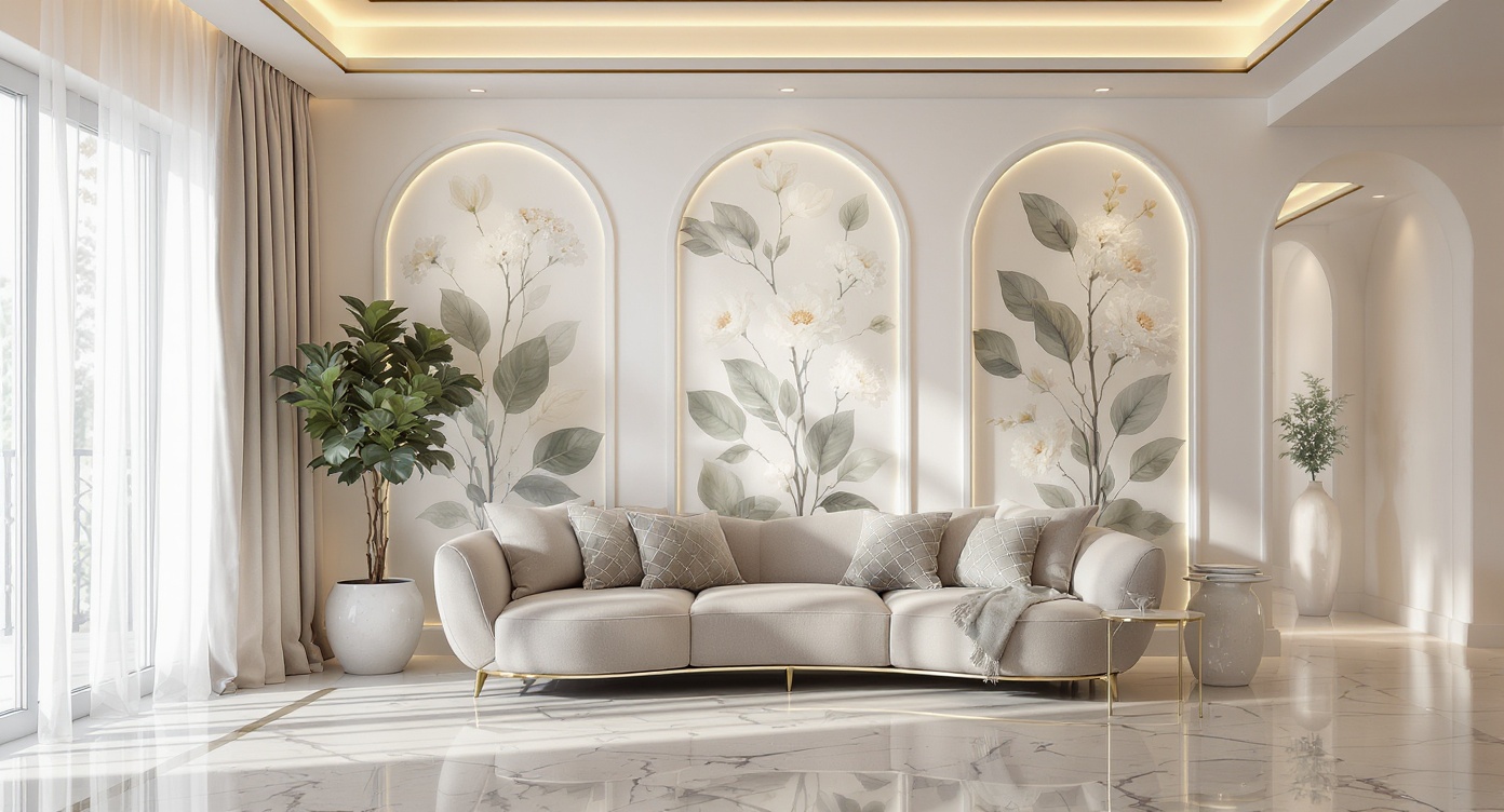 AI photorealistic render: Modern curved sofa living room — arched floral panels