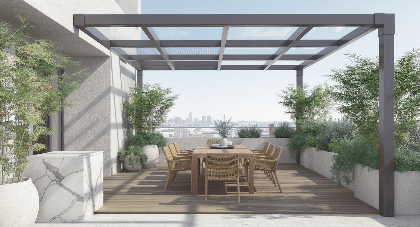 AI photorealistic render: Modern rooftop terrace pergola dining