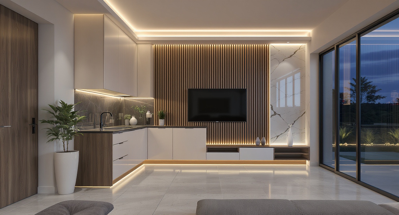 AI photorealistic render: Modern l-shaped kitchen-living — evening render