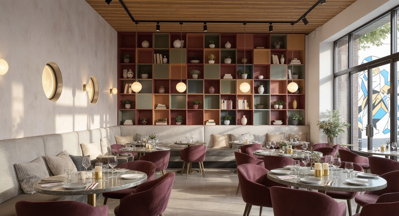 Modern Casual Restaurant Interior — Geometric Shelving