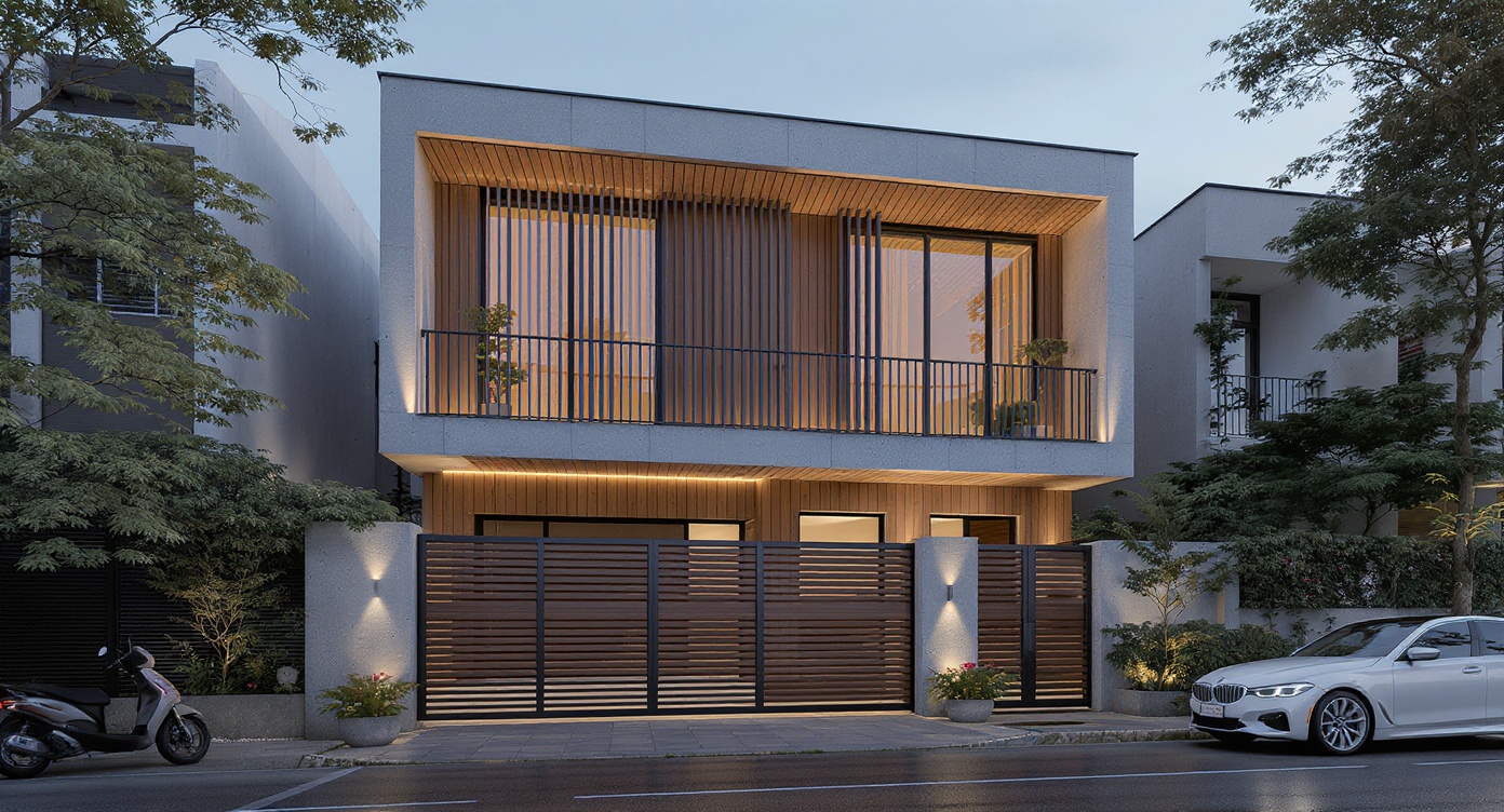 AI photorealistic render: Contemporary urban townhouse facade — evening render