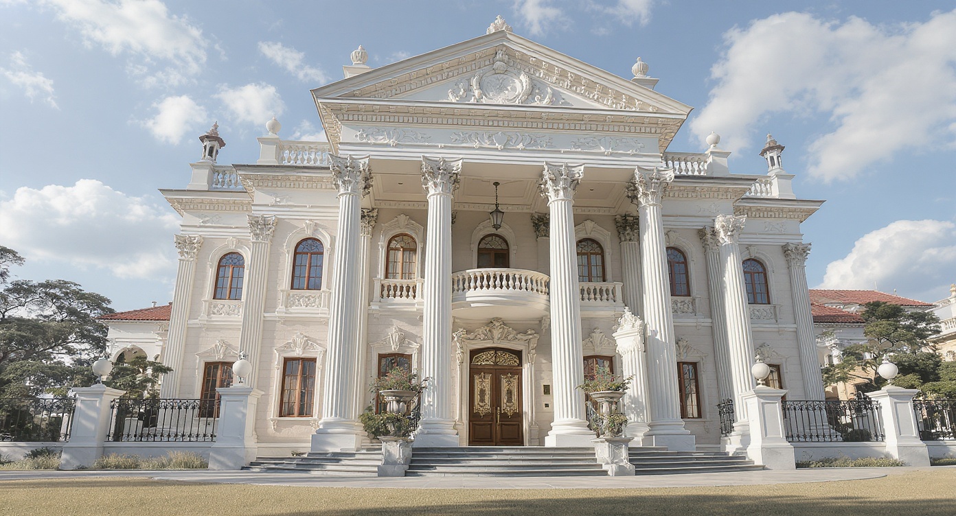 AI photorealistic render: Neoclassical villa — morning light render