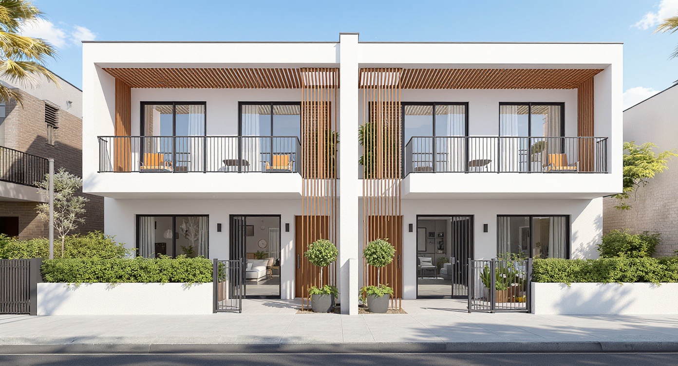 AI photorealistic render: Modern twin townhouse facade — timber-slat elevation