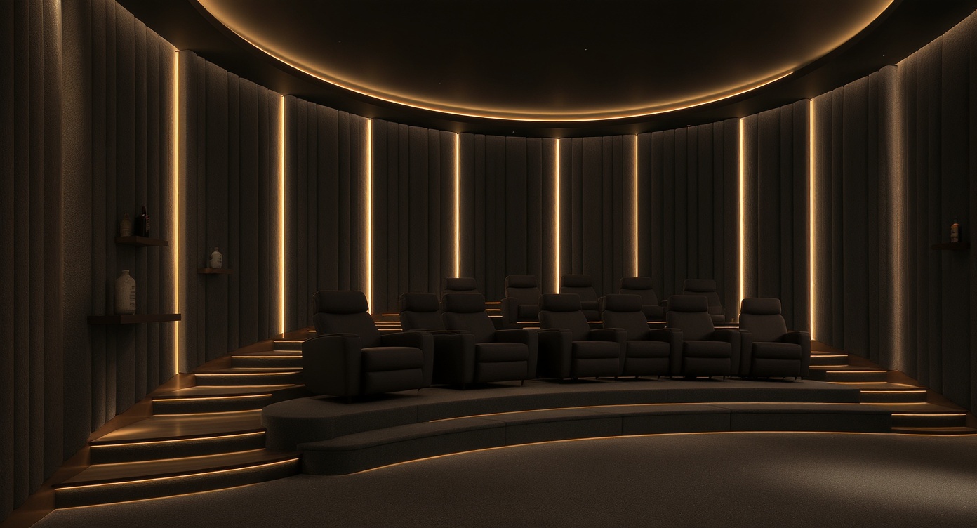 AI photorealistic render: Curved-slat modern home theater