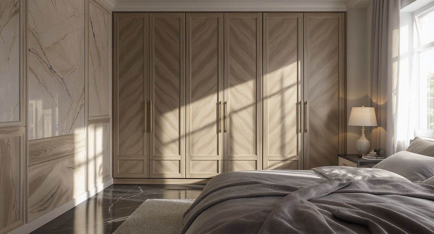 AI photorealistic render: Modern bedroom with built-in wardrobe — granite floor