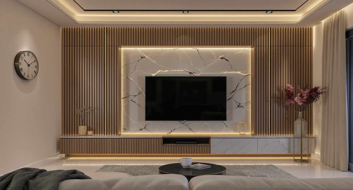 AI photorealistic render: Modern wood‑paneled media wall — night interior