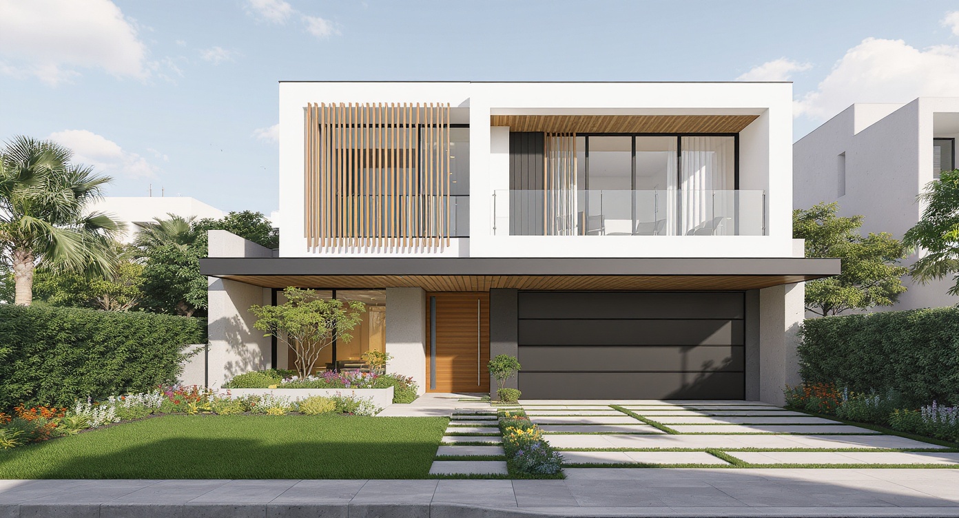 AI photorealistic render: Modern two-story house exterior — contemporary facade