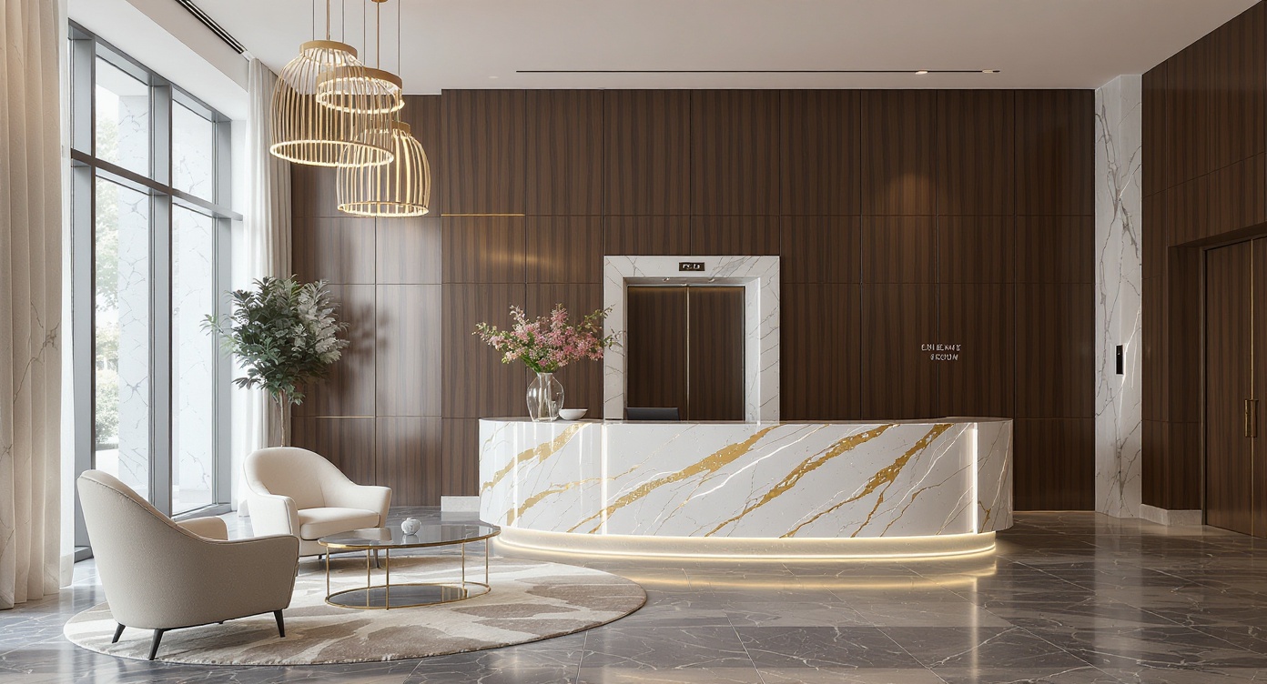 AI photorealistic render: Modern marble & wood hotel lobby render