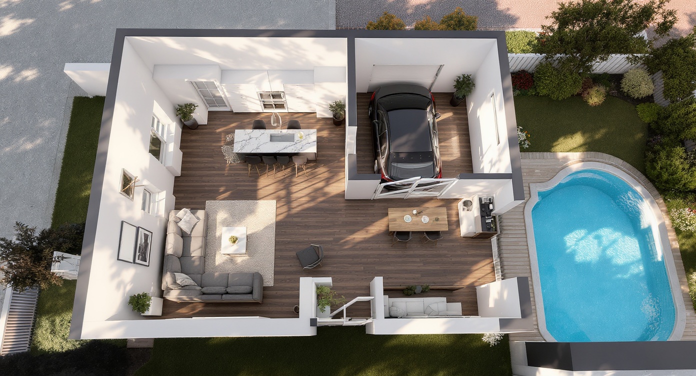 AI photorealistic render: Contemporary open-plan ground floor render