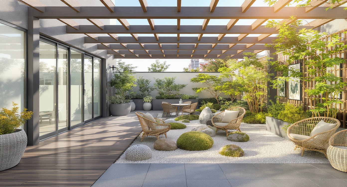 AI photorealistic render: Modern rooftop terrace — pergola & zen garden