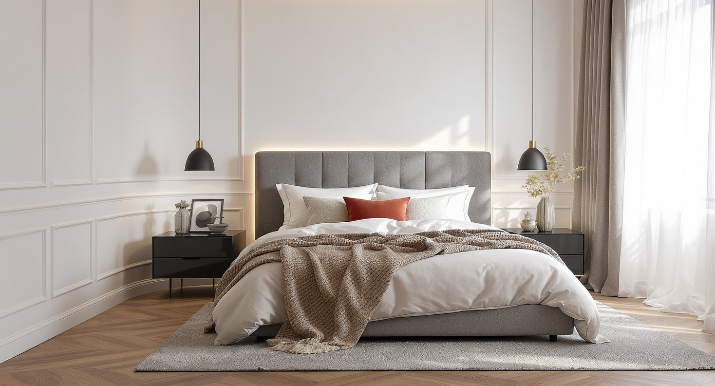 AI photorealistic render: Modern curved-wall bedroom render