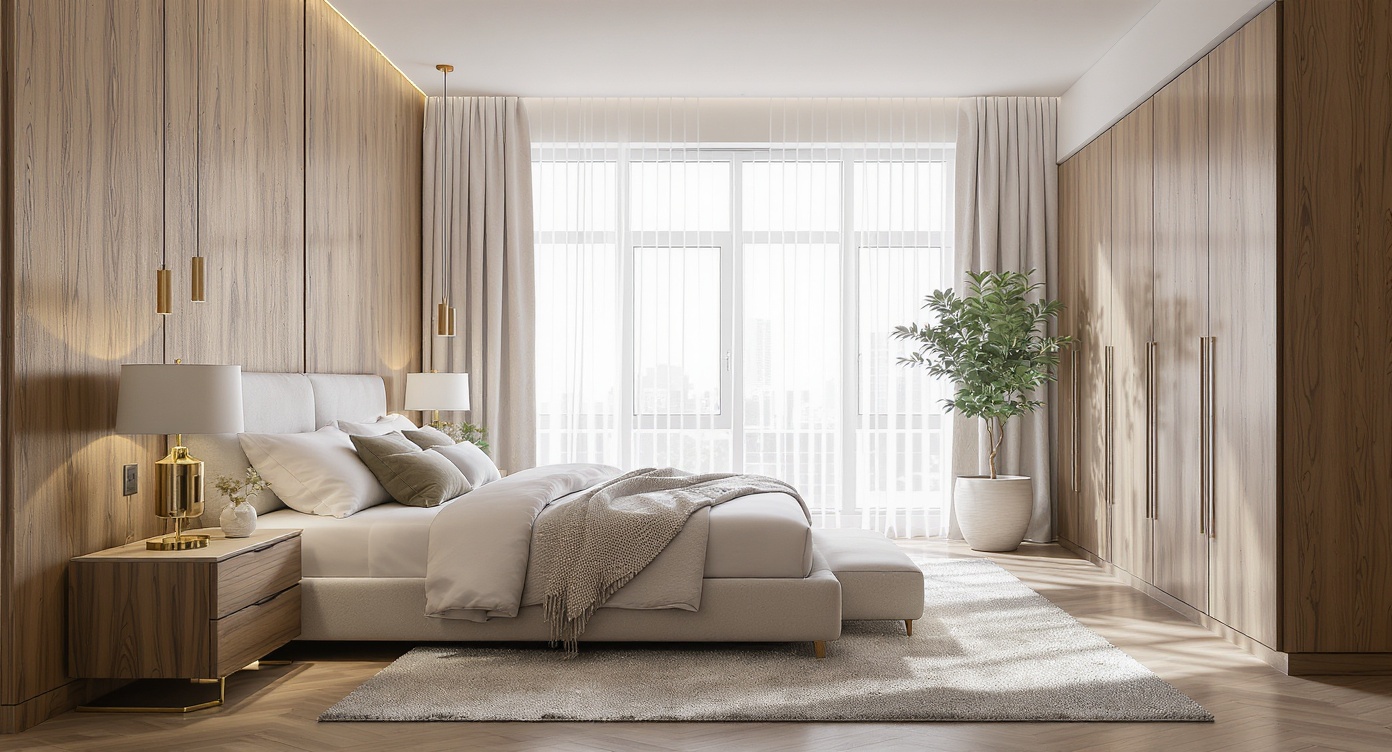 AI photorealistic render: Contemporary wood‑paneled bedroom render