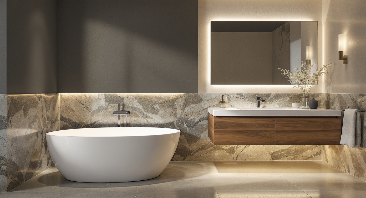 AI photorealistic render: Modern concrete bathroom — freestanding tub & floating vanity