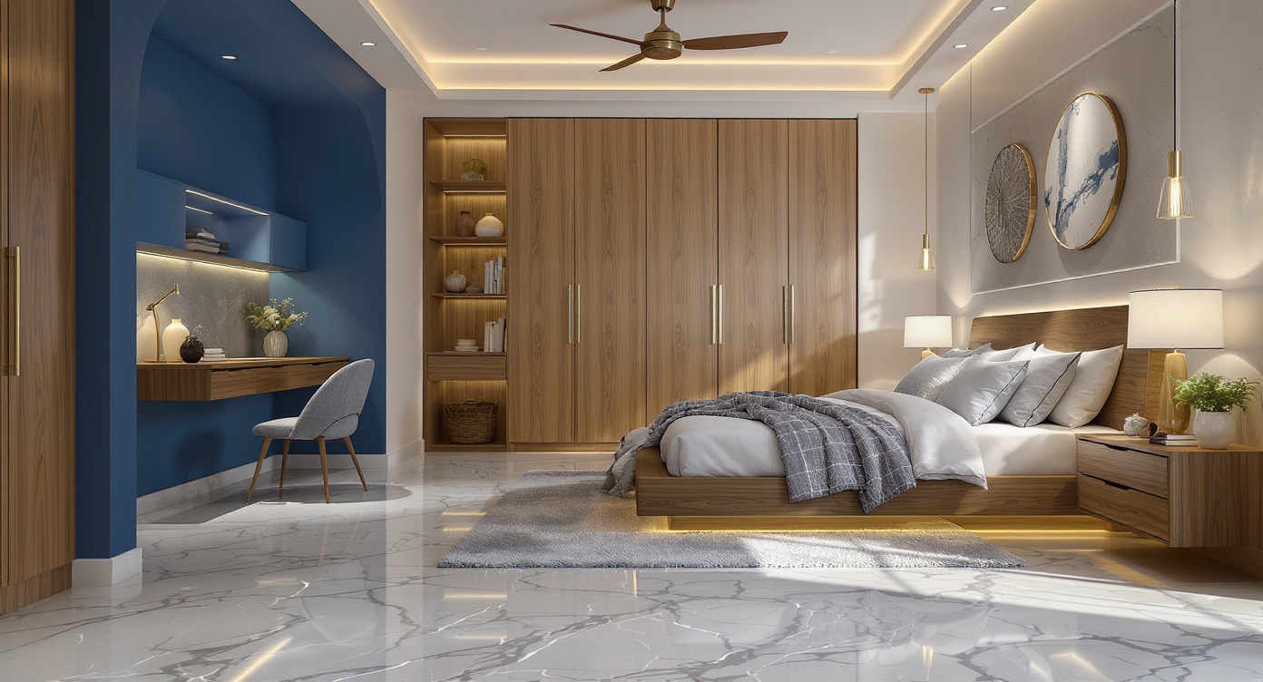 AI photorealistic render: Modern wood bedroom with polished marble floor