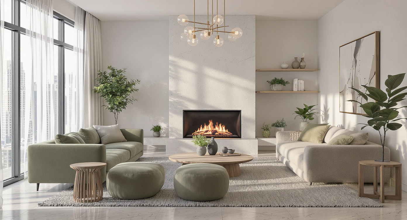 AI photorealistic render: Minimalist modern living room — morning light render