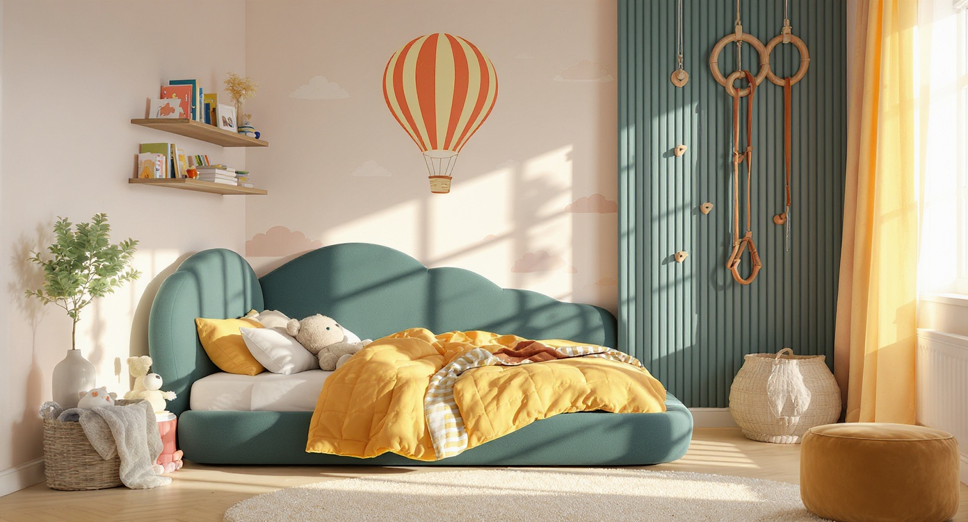 AI photorealistic render: Modern children's bedroom — playful scalloped bed