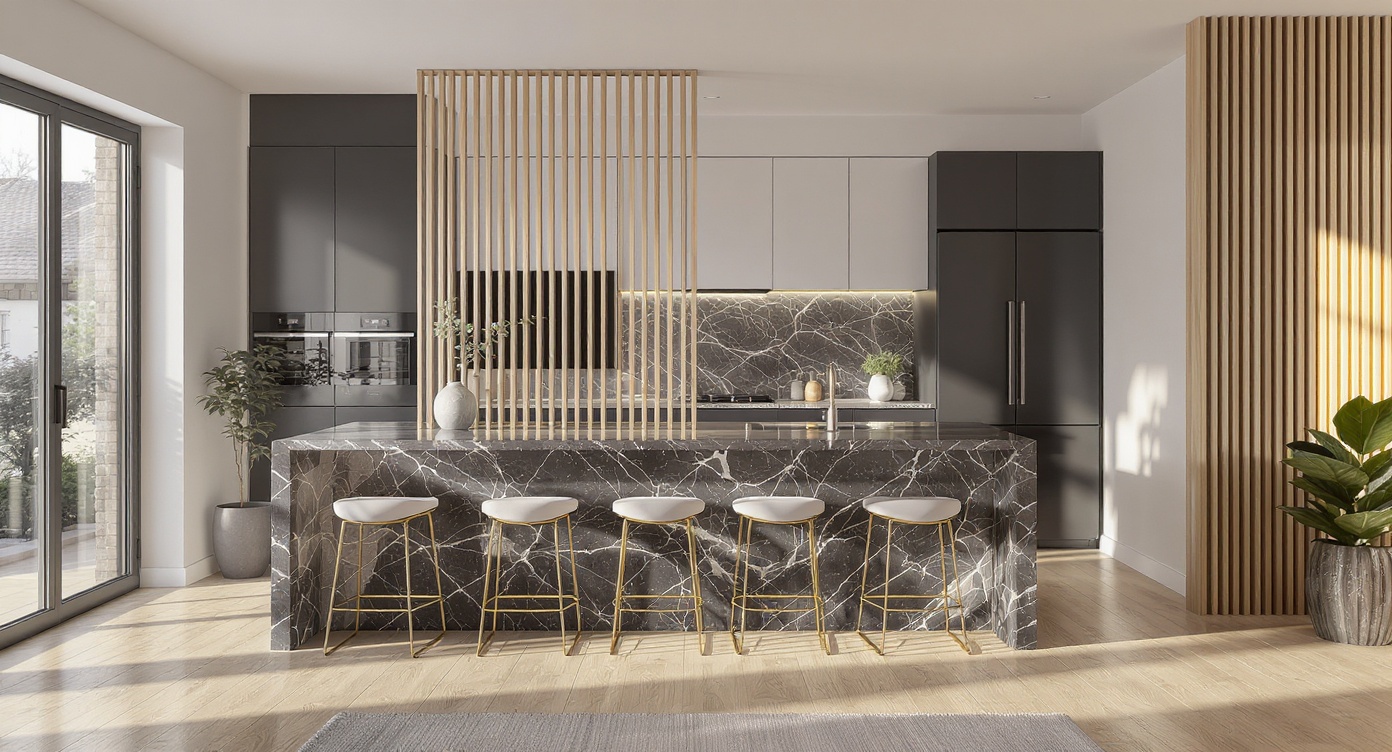 AI photorealistic render: Modern open-plan kitchen-living — dark veined marble island
