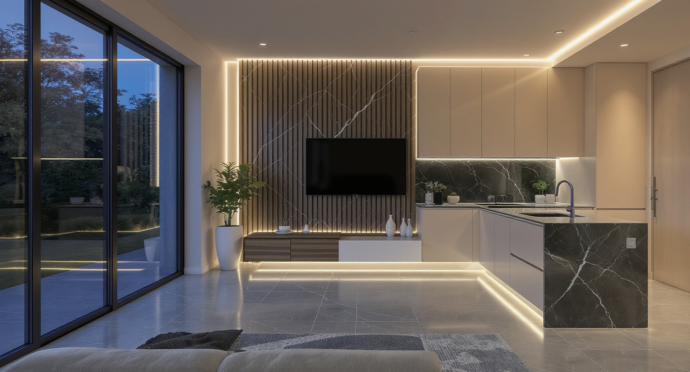 Modern L-Shaped Kitchen-Living — Evening Render