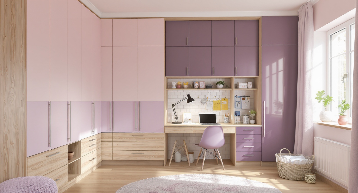 AI photorealistic render: Modern kids' loft bedroom — pink & purple storage