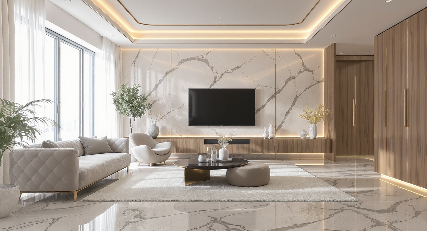AI photorealistic render: Modern living room — marble floor & layered cove ceiling