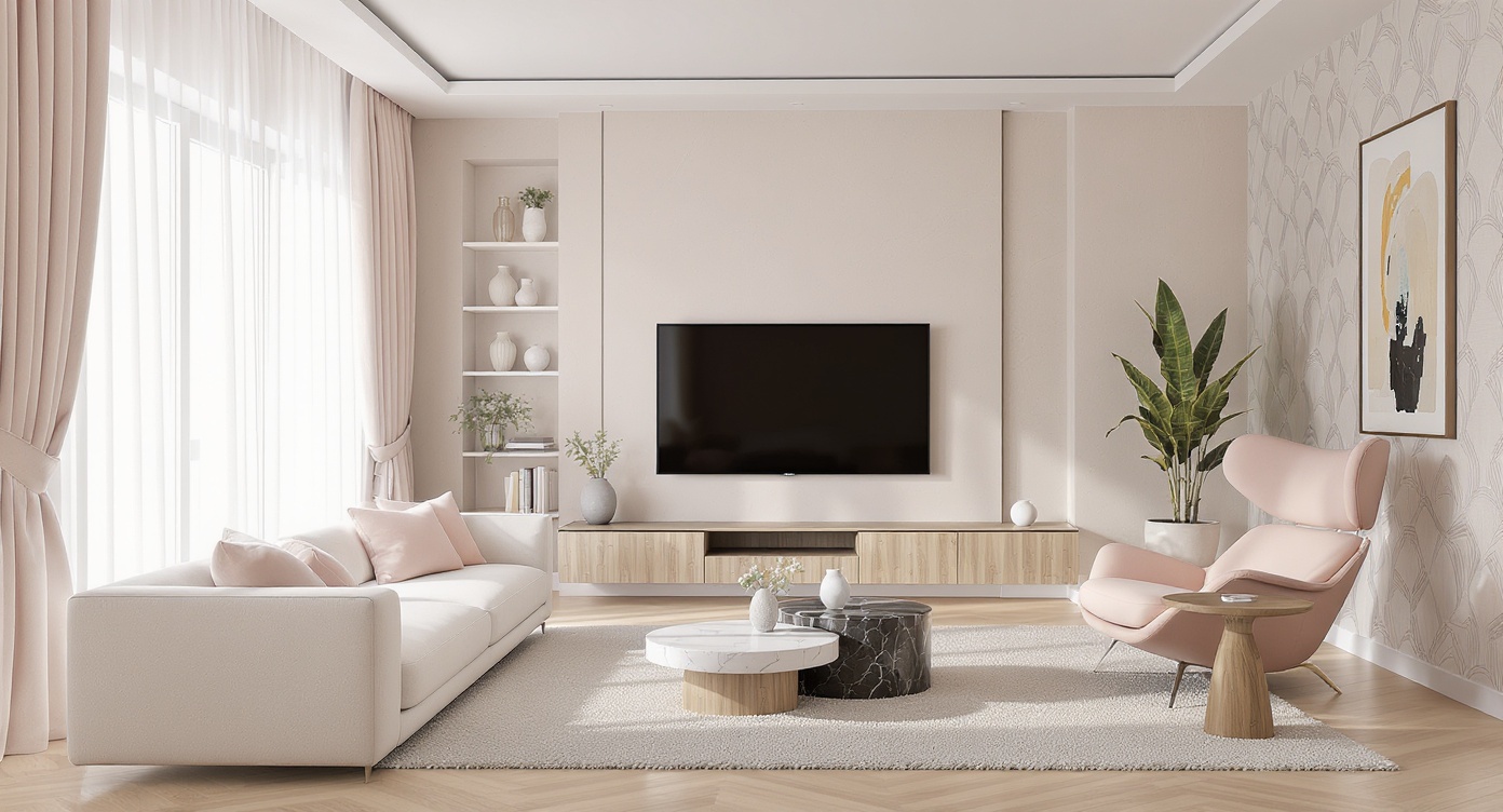 AI photorealistic render: Soft contemporary living room — blush & natural wood