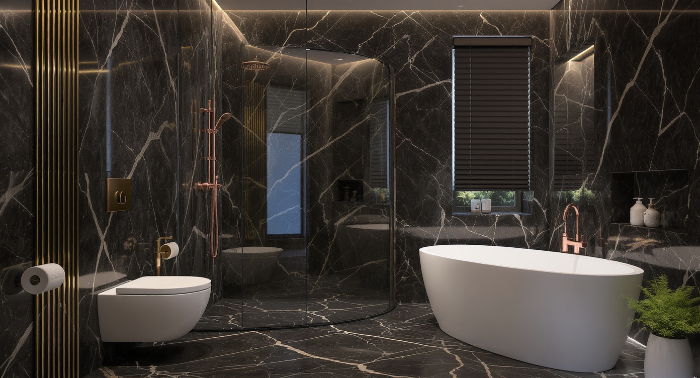 AI photorealistic render: Modern luxury marble bathroom render