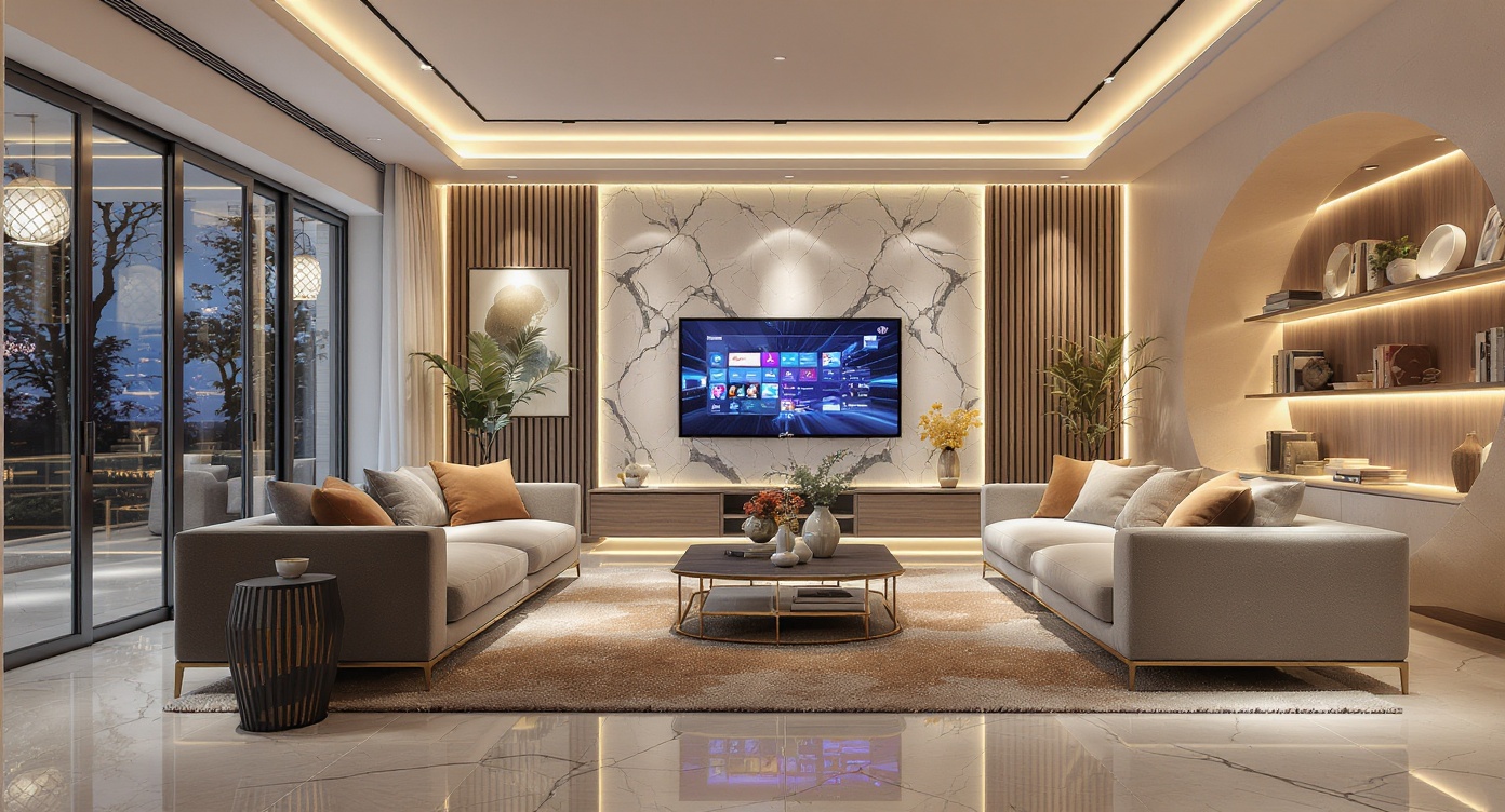 AI photorealistic render: Modern living room — evening layered lighting