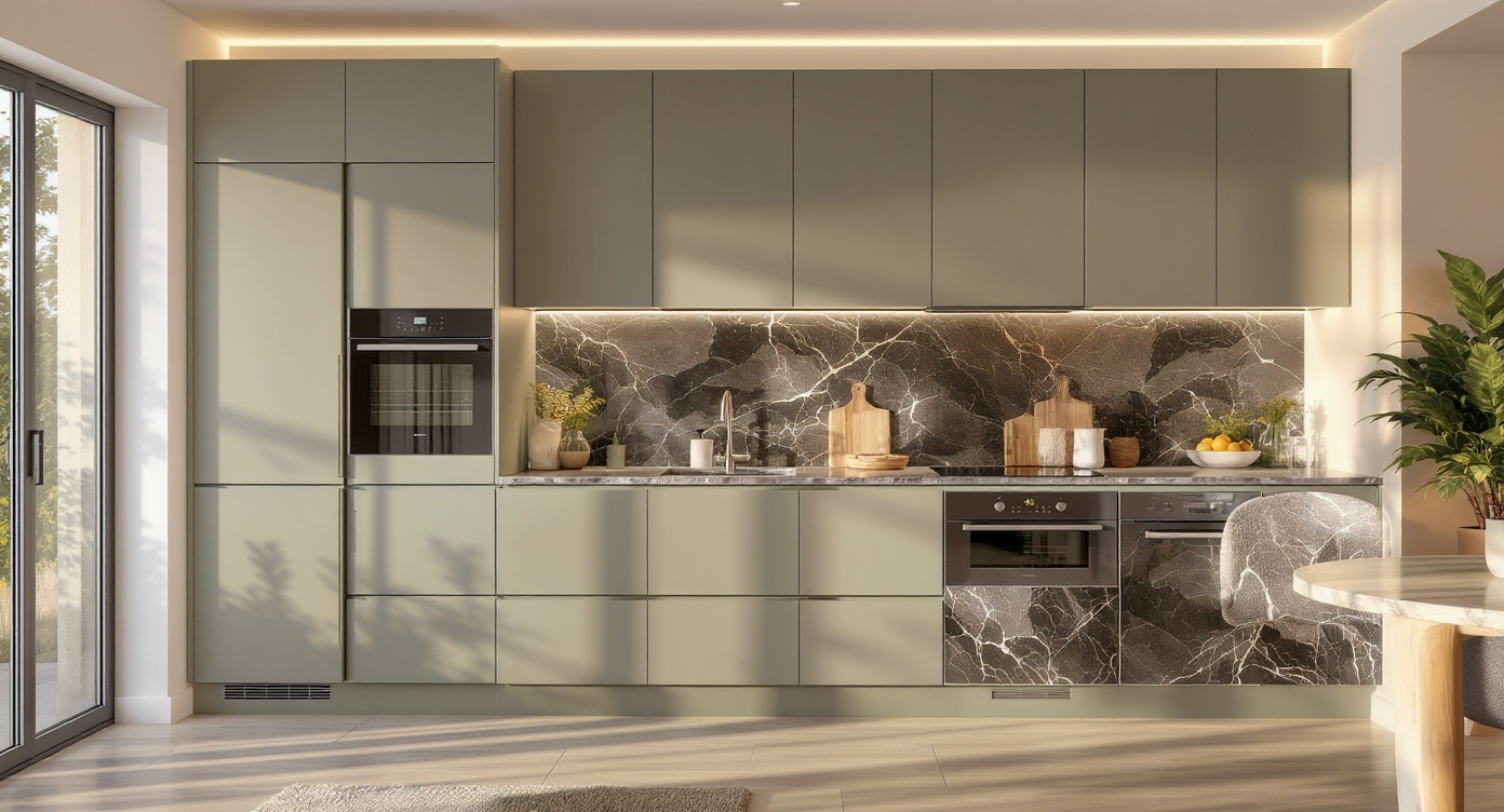 AI photorealistic render: Handleless sage-green kitchen elevation