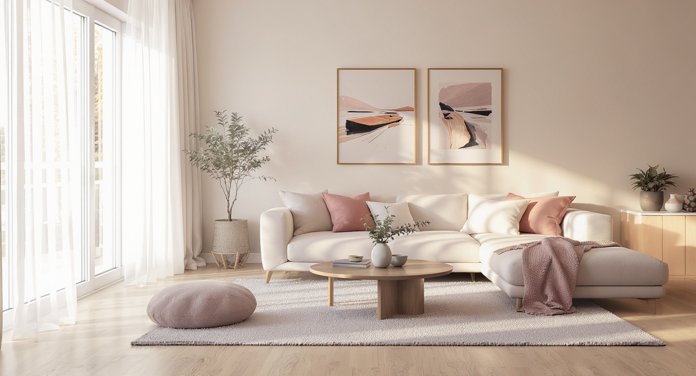 Soft Contemporary Living Room — Blush Accents