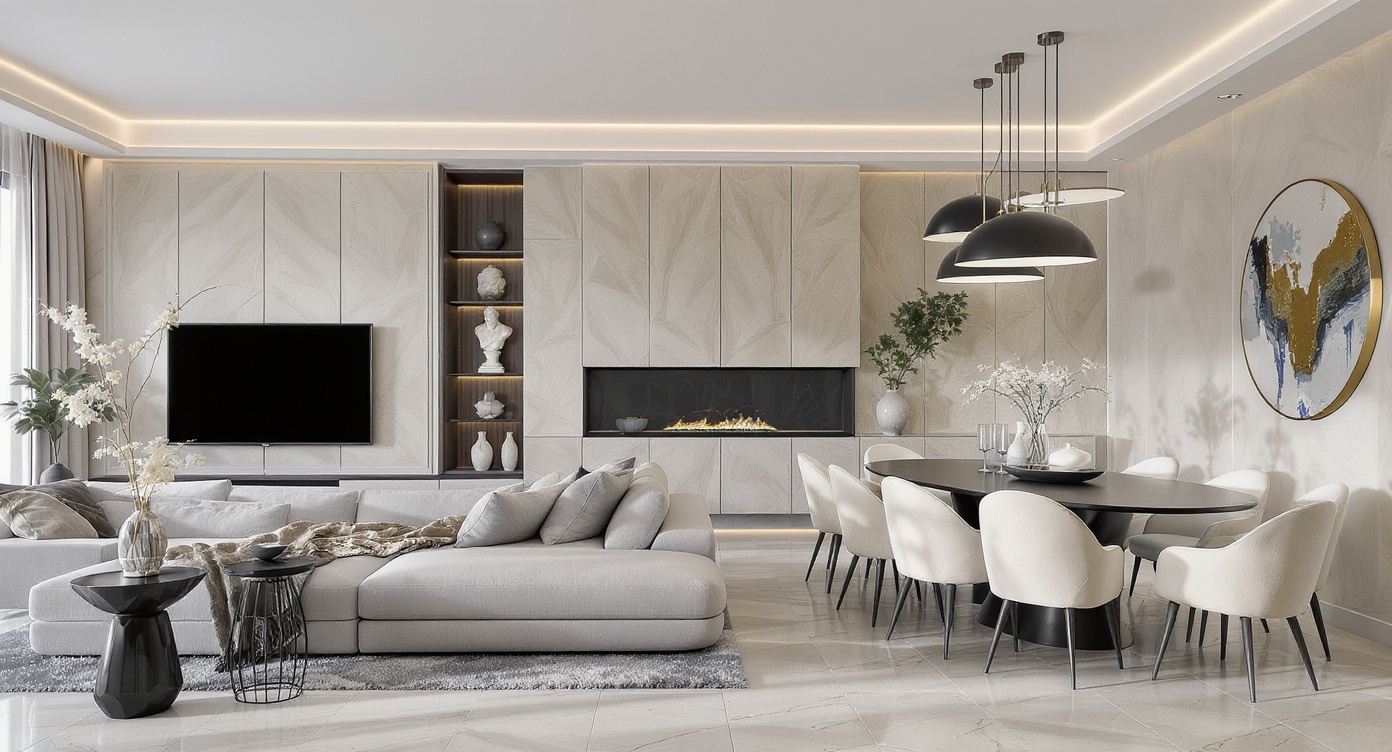 AI photorealistic render: Contemporary open-plan living & dining — modern media wall