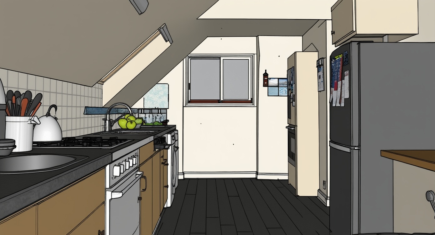 Original architectural 3D model: Morning light minimalist kitchen — skylight & left-light