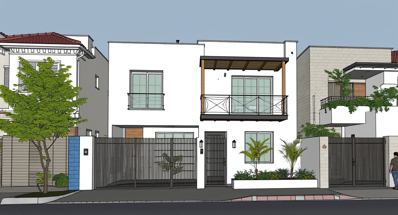 Original architectural 3D model: Modern townhouse facade — vertical slat screens