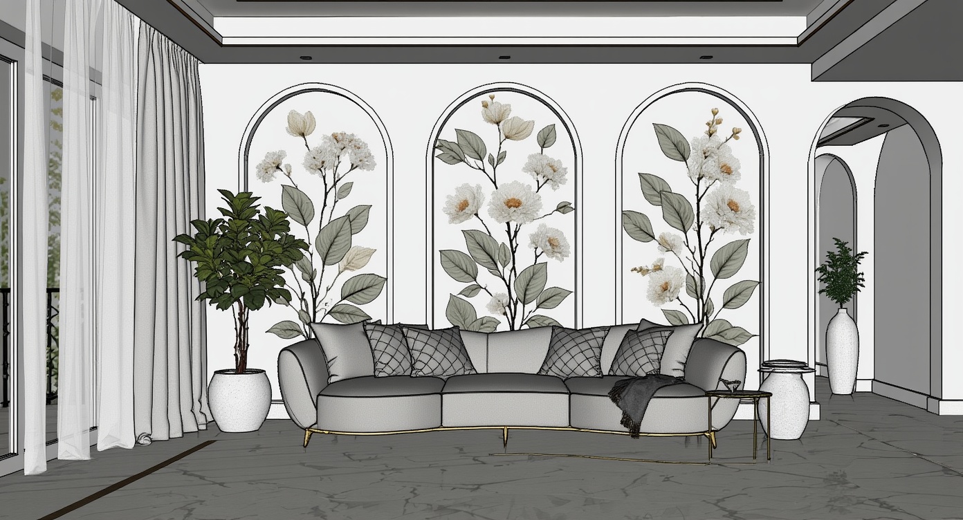 Original architectural 3D model: Modern curved sofa living room — arched floral panels