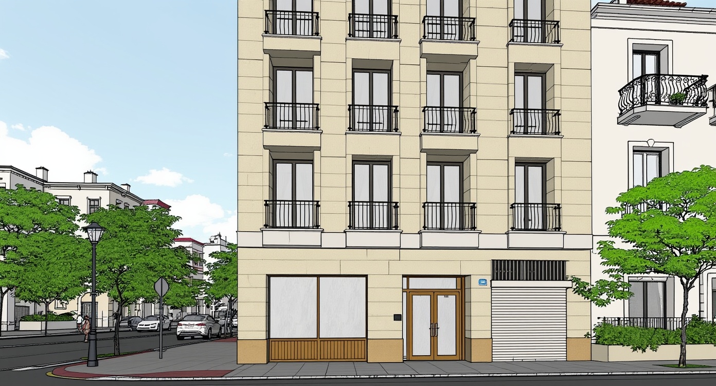 Original architectural 3D model: Modern narrow façade — stone cladding, three-storey urban