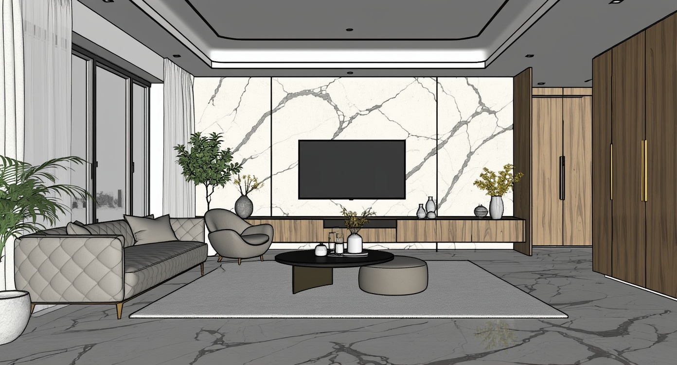 Original architectural 3D model: Modern living room — marble floor & layered cove ceiling