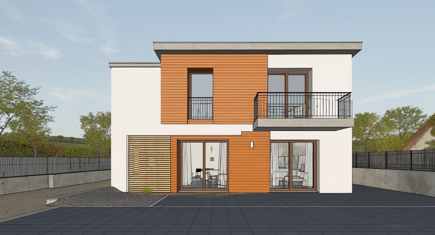 Original architectural 3D model: Modern two-storey house — terracotta & plaster facade