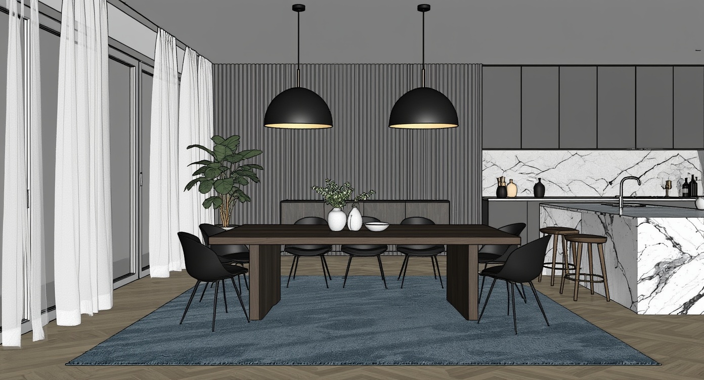 Original architectural 3D model: Modern dining room with marble island — photoreal interior
