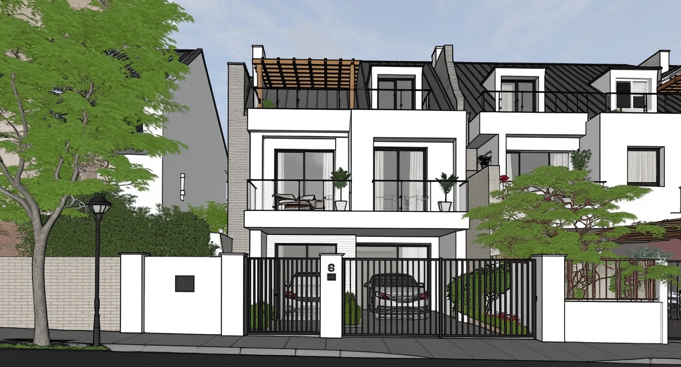 Original architectural 3D model: Modern two‑storey townhouse facade — photoreal render