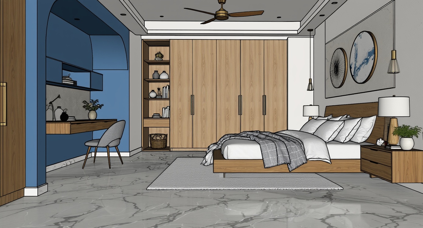 Original architectural 3D model: Modern wood bedroom with polished marble floor