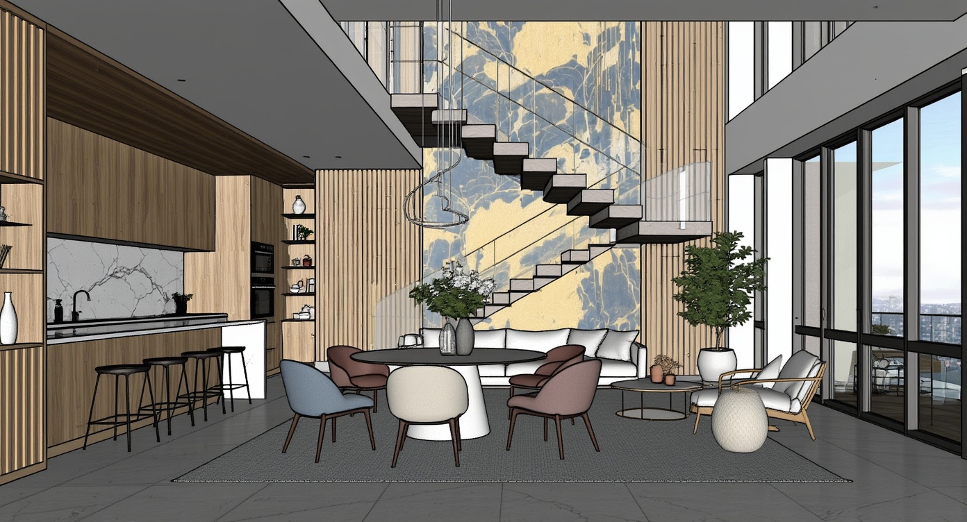 Original architectural 3D model: Modern double-height living-dining — floating staircase
